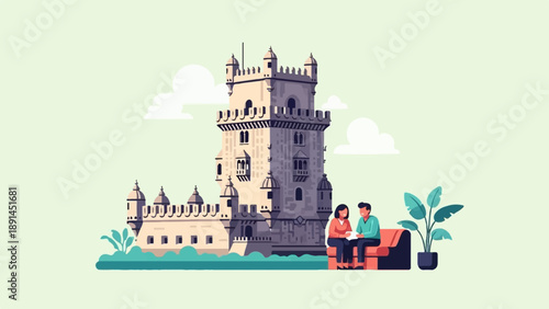 Couple relax by iconic tower with plants and clouds under soft green sky
