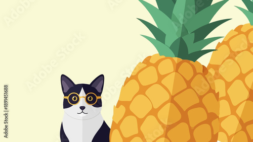Adorable tuxedo cat with glasses sits near large, ripe pineapples on a pale background