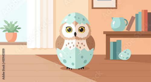 Adorable owl chick emerging from a cracked egg on a wooden floor