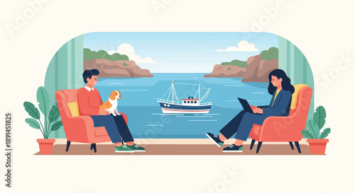 Couple enjoying a serene seaside view with a pet and laptop