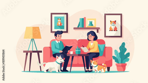 Couple with dogs relax on sofa, reading and writing at home