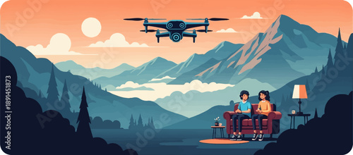 Couple relaxes indoors as drone flies over majestic mountain vista at sunset