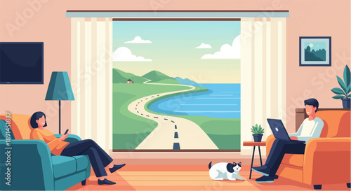 Couple relaxes indoors with a cat, while a scenic landscape unfolds outside
