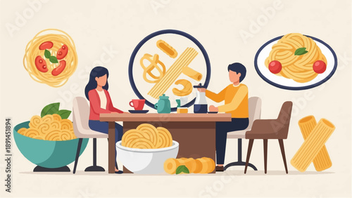 Couple enjoying a pasta meal at a table, surrounded by various pasta dishes