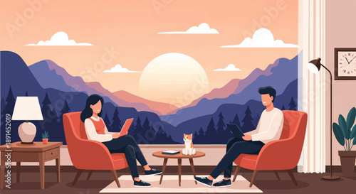 Couple relaxes indoors with laptops as sunset paints the mountains