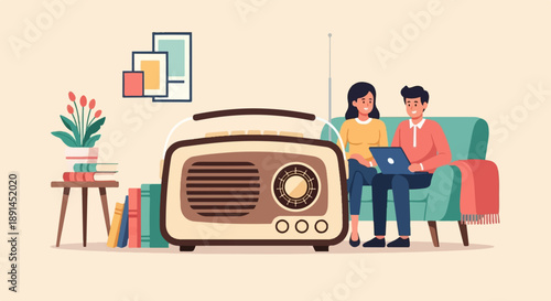 Couple relaxes on sofa with vintage radio and laptop, surrounded by books