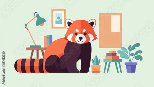 Adorable cartoon red panda sits amidst a cozy room with plants