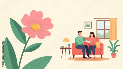 Couple relaxing at home near a large blooming flower