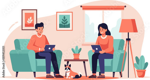 Couple relaxing at home on sofas using tablets with a dog