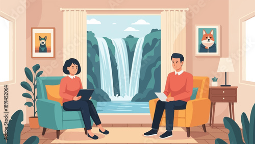 Couple relaxing at home enjoying a tranquil waterfall view through window