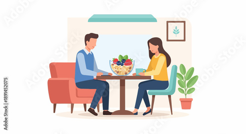 Couple enjoying a healthy breakfast with cereal, berries, and coffee at home
