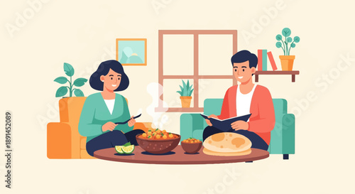 Couple enjoying a meal and reading in a cozy living room