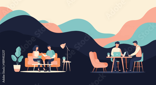 Abstract scene of people collaborating at home and work with wavy layers