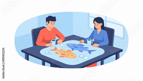 Couple discusses a meal plan of fish at a table with drinks