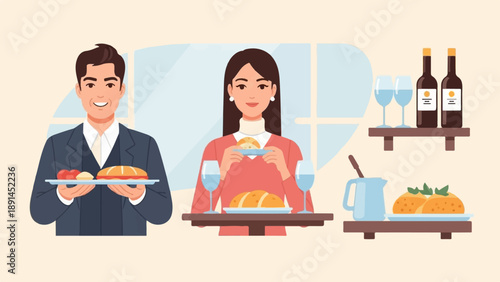 Couple dining with a server presenting food and drinks in a cozy restaurant