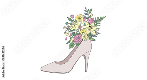 Creative Fashion Illustration of a High Heel Shoe Filled with a Vibrant Floral Bouquet for Wedding and Style.