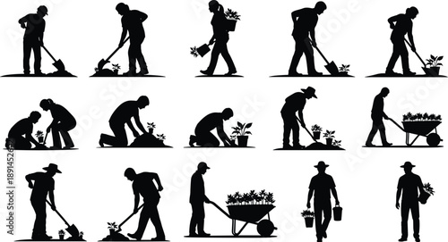 Collection of black silhouettes of people gardening planting flowers and using tools