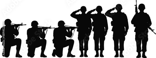 Silhouette of soldiers in various poses with rifles and helmets soldier silhouette