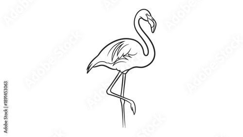 Graceful Flamingo Silhouette: A minimalist monochrome drawing showcases the elegance of a flamingo, highlighting its curved neck and poised stance, embodying simple beauty