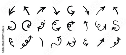 Black hand drawn line brush sketch curved arrows set. Doodle for infographic. Hand drawn arrow set with crayon texture curved and straight, spiral vector illustration.
