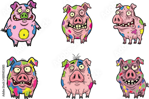 Cartoon Pigs Covered in Paint Splatter, Expressing Different Amused Emotions and Silly Faces