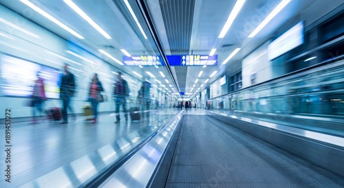 Abstract motion blur of people on a moving walkway in a modern airport terminal. Concept of fast travel, high-speed transit, and global business connectivity in cool blue tones.
