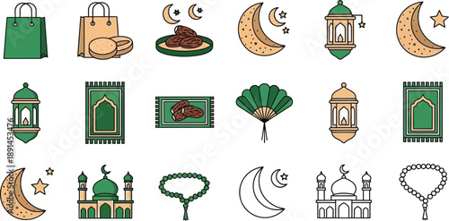 Collection of flat design icons representing essential elements for Ramadan celebrations including dates lanterns prayer rugs and crescent moon symbols