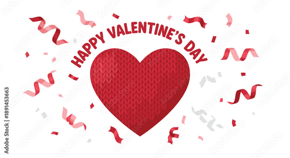 custom made wallpaper toronto digitalHappy Valentine's Day Greeting with Large Knitted Red Heart and Festive Confetti on a Clean White Background.