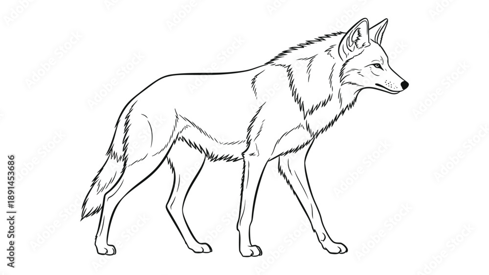 Fototapeta premium Lone Wolf: A sleek line drawing of a lone wolf, capturing its elegant stride and piercing gaze. A portrait of a majestic wild canid. 