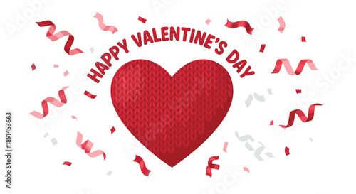 Wallpaper Mural Happy Valentine's Day Greeting with Large Knitted Red Heart and Festive Confetti on a Clean White Background. Torontodigital.ca