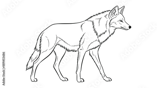 Lone Wolf: A sleek line drawing of a lone wolf, capturing its elegant stride and piercing gaze. A portrait of a majestic wild canid. 