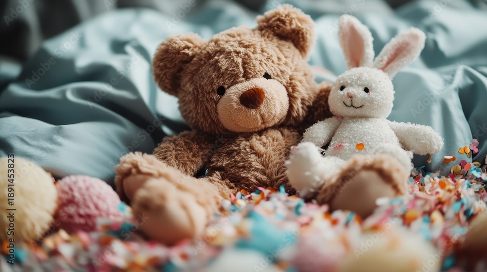 Fototapeta premium A charming scene featuring a teddy bear and a bunny plush toy nestled amidst vibrant confetti on a soft backdrop, evoking feelings of nostalgia, warmth, and childhood joy.