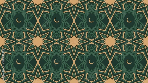 Elegant green and gold seamless pattern with crescent moon motifs