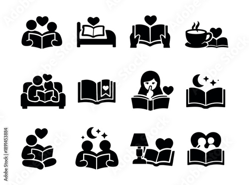 Reading and Books Affection Black and White Icons Set