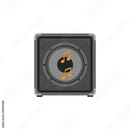 Flat Design Audio Speaker Icon with Musical Notes. Modern Vector Illustration of Sound System Amplifier Box on White Background.