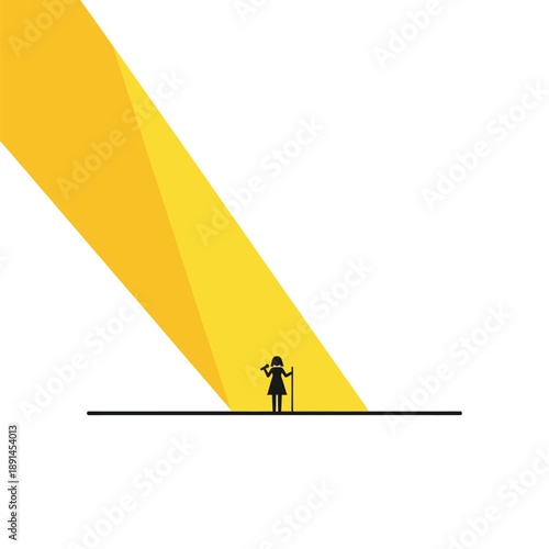 Minimalist Spotlight Icon: Woman Speaker Silhouette on Stage Holding Microphone and Staff - Attention and Performance Concept