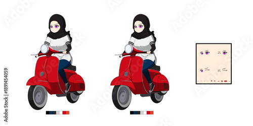 Cute Chibi Hijab Girl Riding Scooter Vector Character Set