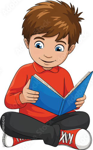 little boy reading a book