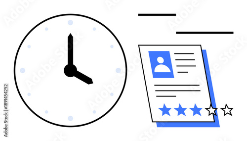 Clock face with two hands next to a resume featuring profile picture and star ratings. Ideal for time management, recruitment, performance review, job evaluation, productivity, efficiency, simple
