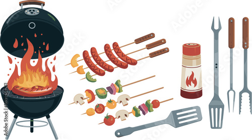 Barbecue grill illustration with sausages vegetables tools, summer BBQ cooking set, outdoor grilling equipment, food preparation concept isolated