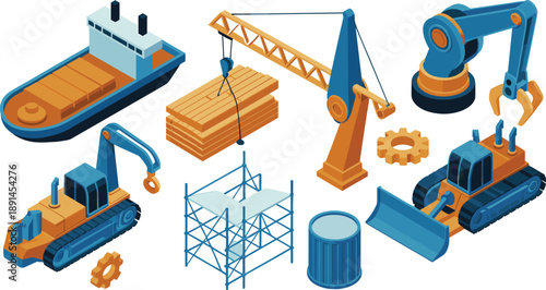 Construction machinery illustration with crane excavator bulldozer ship equipment, industrial logistics manufacturing process, heavy industry workflow isolated