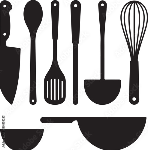 Kitchen utensils and cookware in sleek black silhouettes