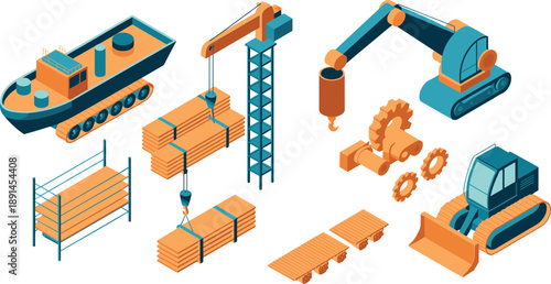 Industrial construction machinery illustration with crane excavator ship conveyor equipment, heavy industry logistics manufacturing process isolated on white