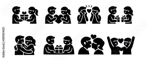 Romantic gestures between couples black and white icons set