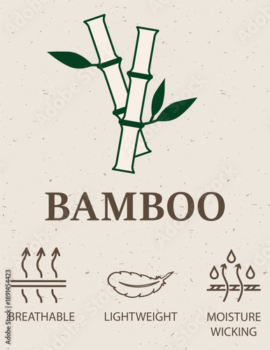 Bamboo Fabric Feature Icon for Garment Hang Tags, Breathable Lightweight Moisture Wicking Textile Label. Fabric properties and textile  special feature signs and symbols icon set.