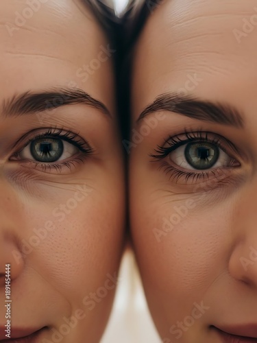 Two women woman both looking at the same person eye.