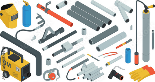 Industrial welding tools and metal pipes illustration, construction equipment set with safety gear, fabrication materials isolated on white