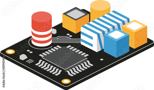 Isometric electronic circuit board illustration with microchip capacitors blocks components, modern pcb technology hardware design isolated on white