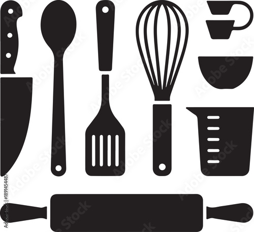 Kitchen utensils and cooking tools set in black silhouette