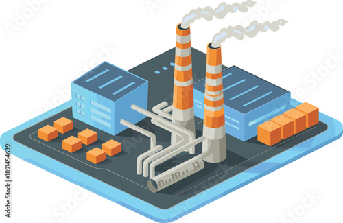 Isometric power plant factory illustration with chimneys pipelines buildings, industrial energy production facility, manufacturing infrastructure isolated on white